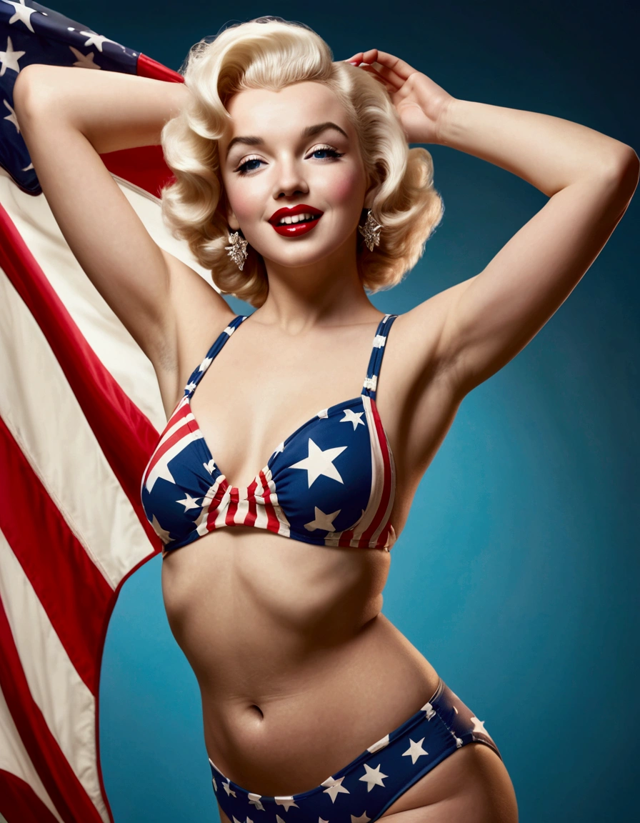 a young Marilyn Monroe,1950s style swimsuit with american flag motif,waving a small american flag,american flag in background,sultry joyous pose,beautiful detailed eyes,beautiful detailed lips,extremely detailed face and skin,long eyelashes,photorealistic,8k,high quality,realistic,vivid colors,studio lighting,professional portrait,glamorous,warm lighting