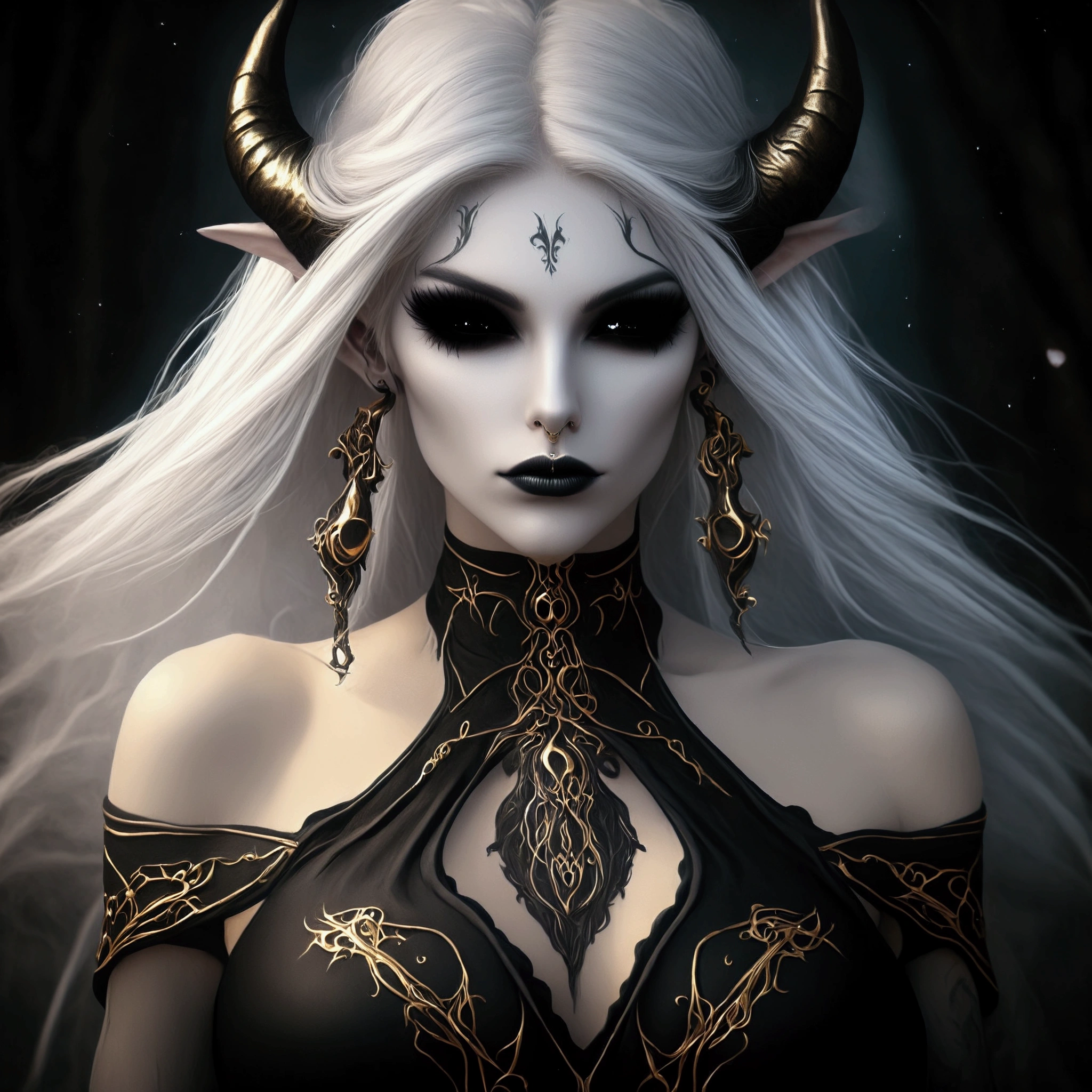 blond woman with horns and a black dress with gold accents, beautiful dark elf countess, white horns queen demon, dark elf princess, beautiful elegant demon queen, dark elf, in style of dark fantasy art, portrait of a dark goddess, dark elf maiden, gothic fantasy art, dark fantasy style art, portrait of a dark fantasy nymph, dark fantasy portrait, dark fantasy art