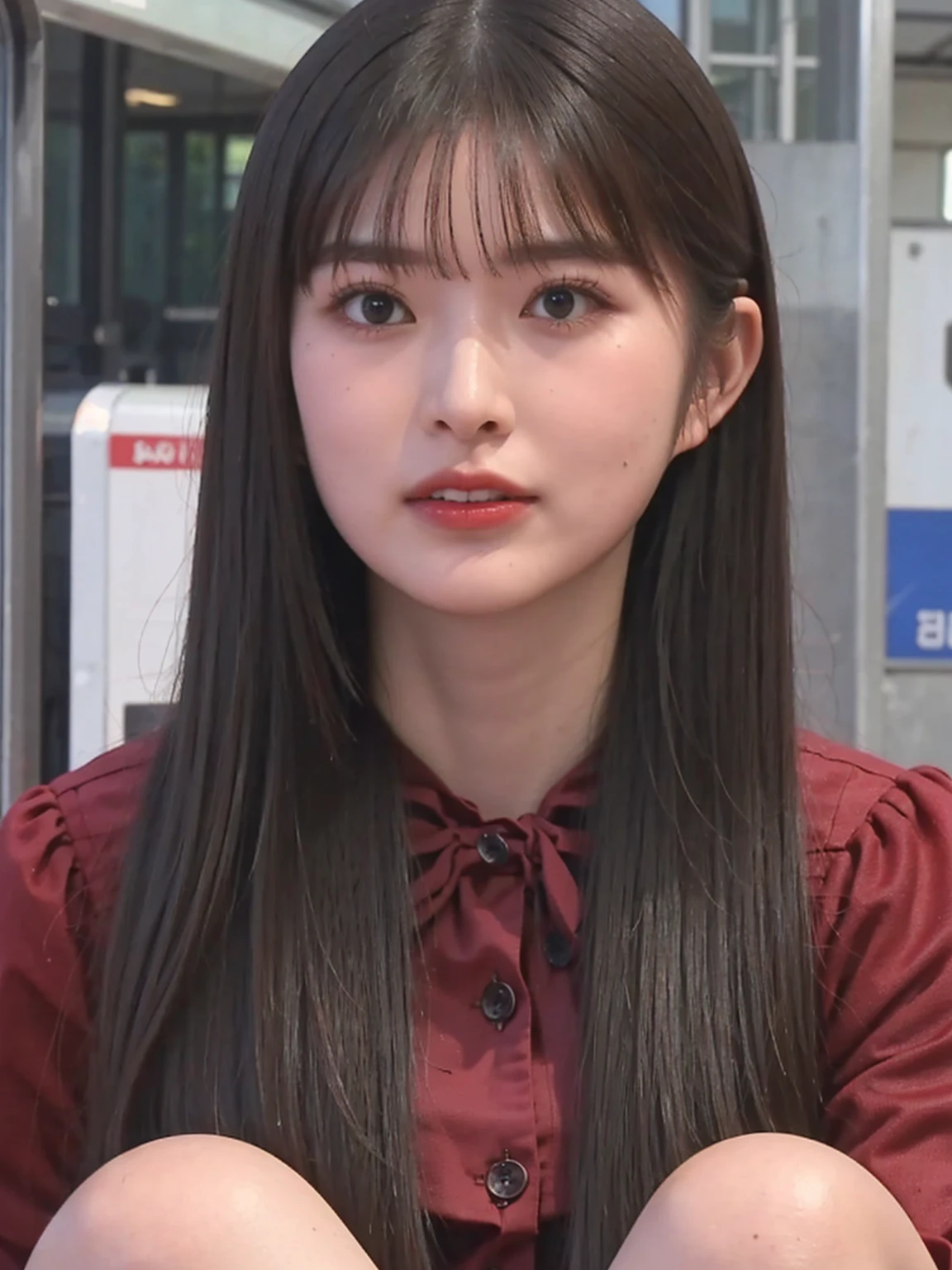 realistic photos of (1 cute Korean star) flipped hair, thin makeup, (big breasts size), sexy erotic tiny string of G-string lingerie, at the train station, clear facial features of Canon EOS, 16k, high resolution, sharp and realistic details, overexposure, cut-in, UHD, high res, best quality, full body into knee, skinny thighs, look at viewer