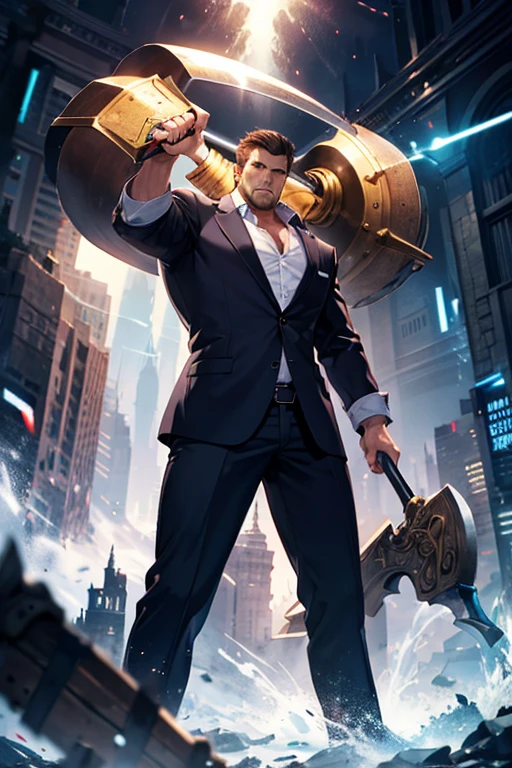 A muscular man in a business suit,Wields a giant fantasy-style hammer,Light effects,