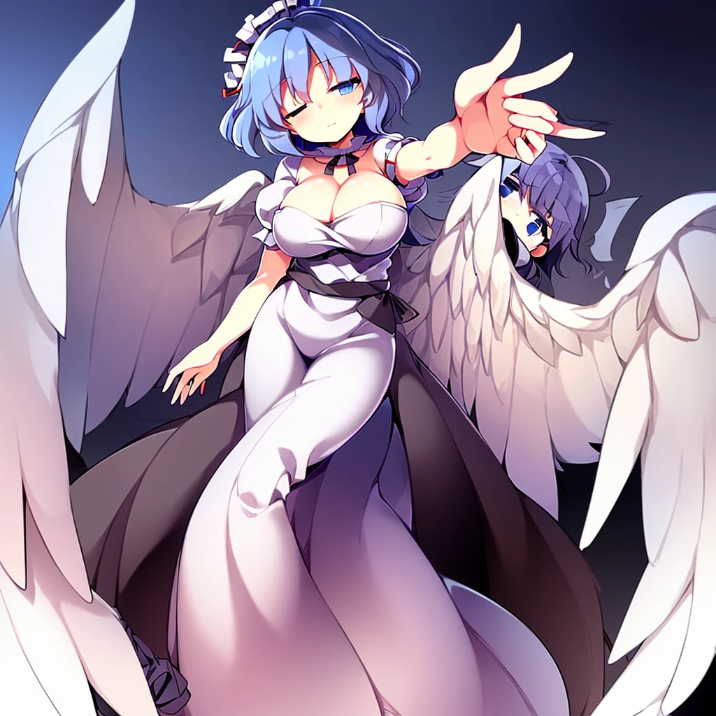 (best quality,4k,8k,highres,masterpiece:1.2), top-quality(masterpiece), top-quality, ultra-detailed, highly detailed texture, intricate details, high quality textures, A cute teenage angel with blue eyes, big pink ribbon in her hair, drawn in anime style, 1girl, (((1girl in))), , 10 years old, (((loli))), ((childish)), medium blue hair, hair flaps, pink ribbon on head, well-formed face, Beautiful face, blue eyes, pretty eyes, angel girl, white blouse, puffy short sleeves, red ribbon, angel wings, long white skirt, red shoes, frills, ribbon head, A pair of angel wings on the back, clean line drawings, cute, from behind, to lift up one’s skirt, cowboy shot, from front, standing , raise one leg, crossed arms, arms up behind, arms behind back, hand between legs, put hands hip, one hand on hip, forward hands, arms raised in the air, punch hands, peace sign, waving, put up index finger, sit, lie down, closed eyes, lie face down, looking back, put one hand chest, leaning forward, cleavage, close up, horizontally outstretched arms, horizontally outstretched legs, front view, front face, huge breasts for short stature, cleavage is clearly visible ,G-Cup