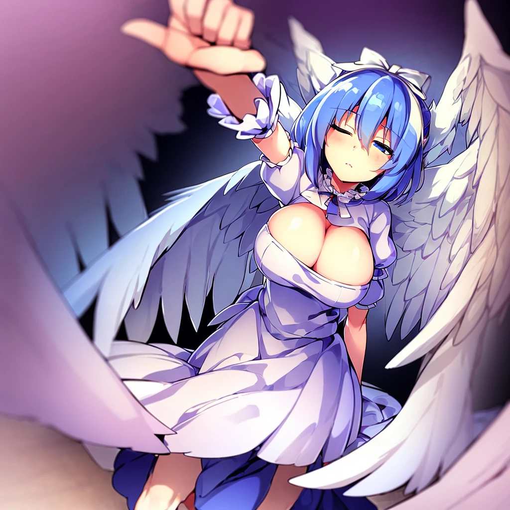 (best quality,4k,8k,highres,masterpiece:1.2), top-quality(​masterpiece), top-quality, ultra-detailed, highly detailed texture, intricate details, high quality textures, A cute teenage angel with blue eyes, big pink ribbon in her hair, drawn in anime style, 1girl, (((1girl in))), , 10 years old, (((loli))), ((childish)), medium blue hair, hair flaps, pink ribbon on head, well-formed face, Beautiful face, blue eyes, pretty eyes, angel girl, white blouse, puffy short sleeves, red ribbon, angel wings, long white skirt, red shoes, frills, ribbon head, A pair of angel wings on the back, clean line drawings, cute, from behind, to lift up one’s skirt, cowboy shot, from front, standing , raise one leg, crossed arms, arms up behind, arms behind back, hand between legs, put hands hip, one hand on hip, forward hands, arms raised in the air, punch hands, peace sign, waving, put up index finger, sit, lie down, closed eyes, lie face down, looking back, put one hand chest, leaning forward, cleavage, close up, horizontally outstretched arms, horizontally outstretched legs, front view, front face, huge breasts for short stature, cleavage is clearly visible ,G-Cup