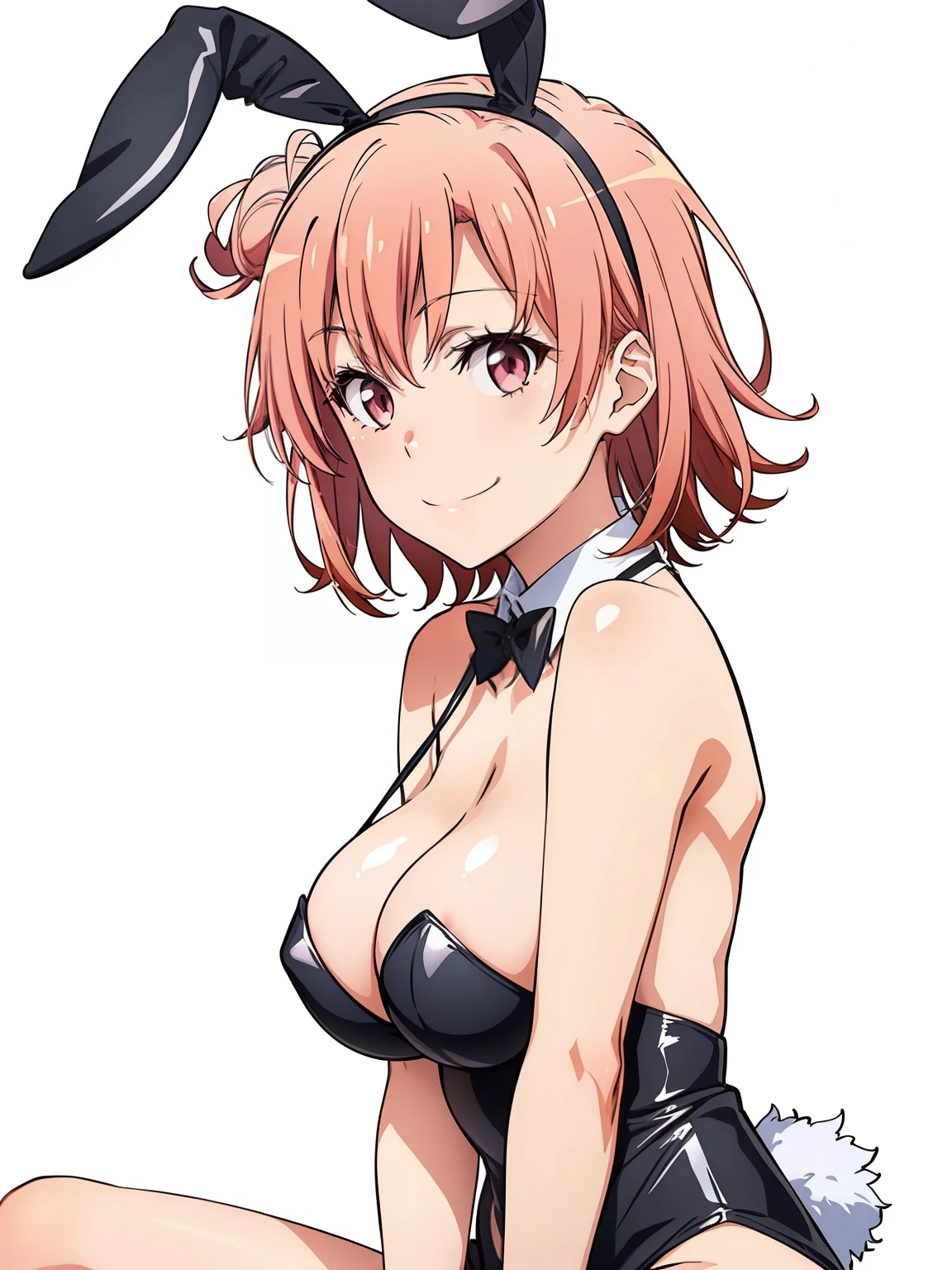 ((masutepiece, Best Quality, hight resolution, nffsw, Perfect Pixel, depth of fields, 4K, )), 1girl in, Solo, , Beautiful anime girl, Beautiful Art Style, close up, Looking at Viewer, Perfect body, side shot, Yuigahama Yui, Short hair, pink hair, pink eyes, hairbun, (large boob), sitting, black playboy bunny outfit, smile, hands on knees, blank white background
