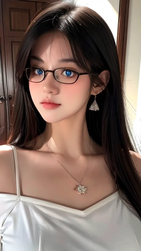 masterpiece, best quality, platinum earrings, platinum necklace, off shoulder shirt,1 girl, charming, (dynamic lighting:1.2), Cinema lighting, Exquisite facial features, delicate blue eyes, Wear half-rimmed glasses(focus),sharp pupils, realistic student, depth of field, bokeh, Sharp focus, (super detailed, bloom, glow:1.4), (huge breasts), (saggy breasts), looking into camera
