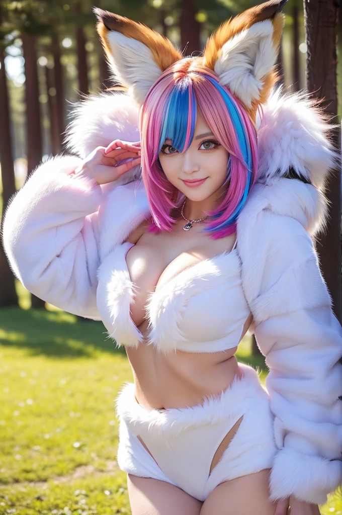 sexy swedish model, (-anime), only 1 model, very short hair, beautiful smile, lipgloss, long lashes, defined eyebrows, long fur fox cosplay, ((long fur vivid colors outfit)), ((fox accessoires)), fox ears, vivid colors, look at the camera, cinematic light, large park background with trees, sweet and sexy pose