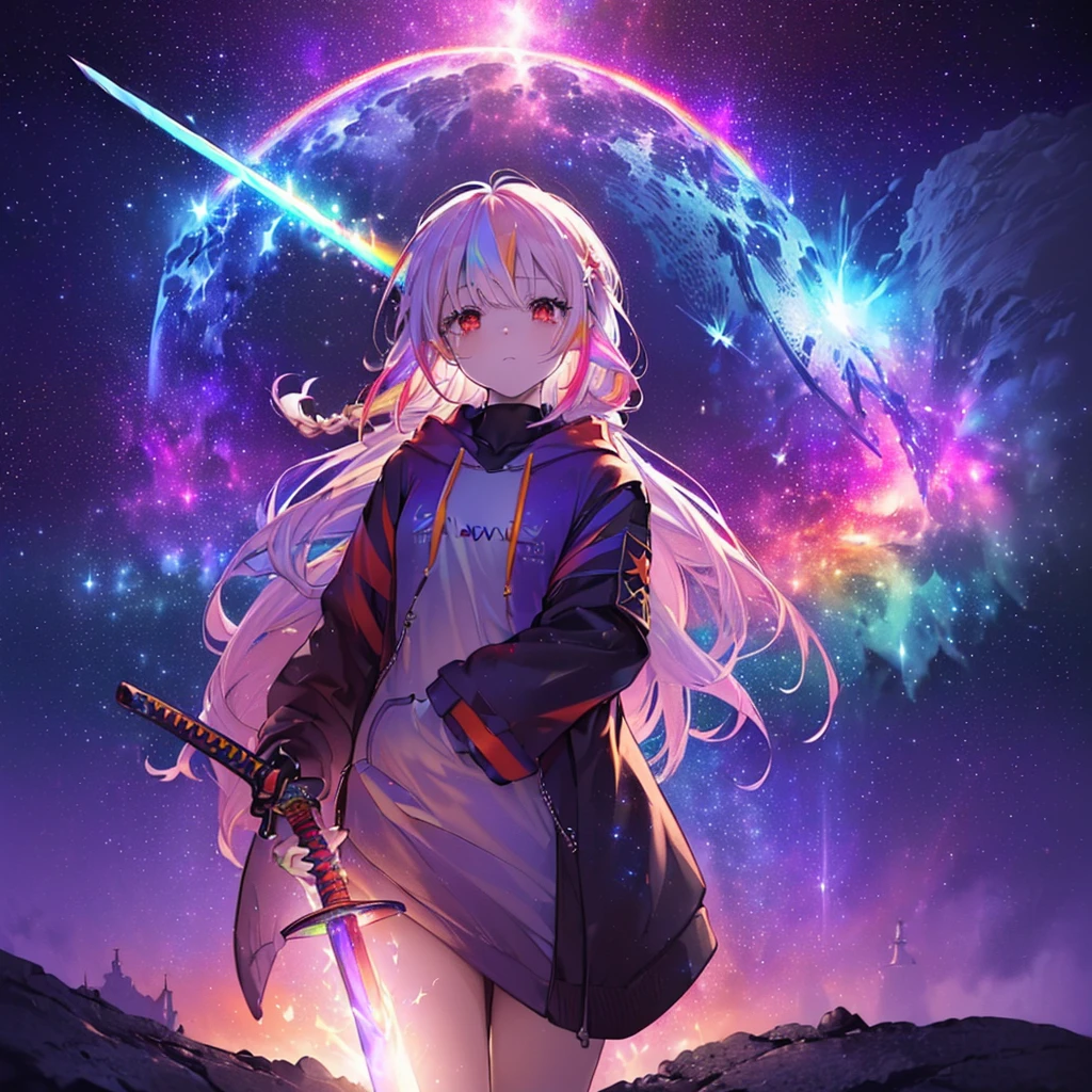(((((Holding a sword、Close-up　Galaxy Background、Shine)))))　((((Fantasy　Long Hair、Rainbow colors　Dull red eyes　High Neck Hoodie　Put on a coat without putting your arms through it))))　(((Lonely　despair)))　((tears　gloves))　(Distorted Space-Time　star　moon)　Catch the wind　Shine背景　Particles of light, Shineエッジ
