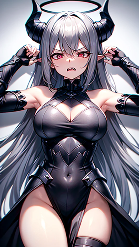 masterpiece, high quality, 4K, HDR, armored dress knight, black halo above head, black horns on head, large black tail, large black wings on back, Silver hair, intake hairstyle, blunt bangs, long hair, crimson eyes, narrowed eyes, sharp teeth, slightly pointed ears, displeased expression, slightly open mouth, low angle, full body, athletic, toned body, medium breasts