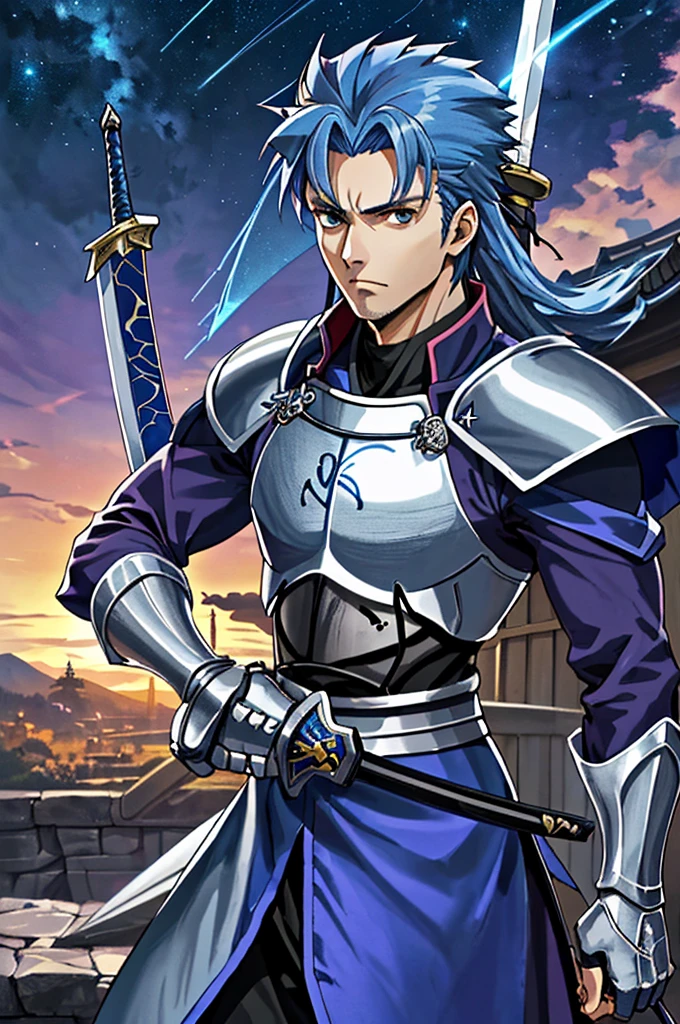 Highest quality,High resolution, ((Fate stay night)) ,(Lancer),One person,Lancers,spear,(blue_coat),male,One personで,Middle Age,strongest,Anime Style,(blue_Hair Color)(Night Sky_background),(Limbs),(Full Finger),(Accurate fingertips), (The finer details), (Super detailed),(Japanese sword:),4K,(high resolution),whole body, (Front angle), Looking at the camera,masterpiece,(Subtle details),(Intricate details),Octane Rendering,(Hyper Detail),