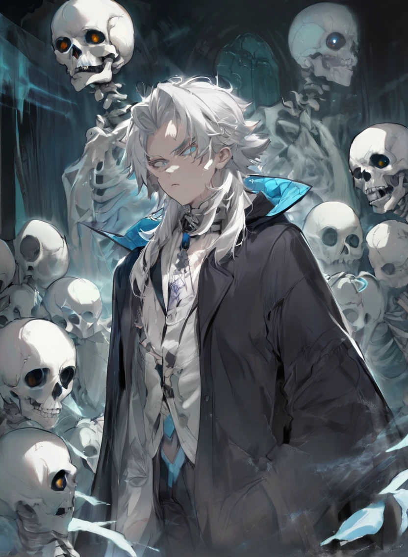 young man ,Male Dark, dark Woods, cold colors, man white hair with blue eye, Warlock dnd , Skeleton army in background