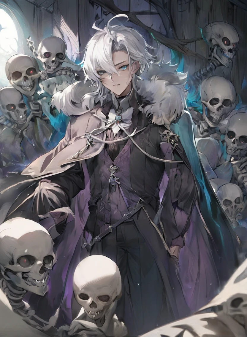 young man ,Male Dark, dark Woods, cold colors, man white hair with blue eye, Warlock dnd , Skeleton army in background