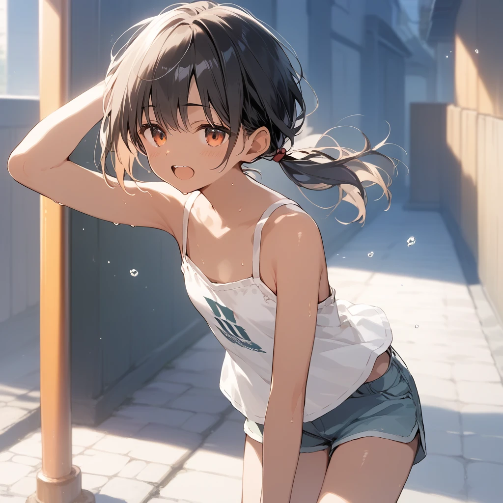 score_9, score_8_up, score_7_up, source_anime, best quality, masterpiece, official art, absurdres, highres, ultra-detailed,waifu2x,Collection: Slice of Life,break,1girl, tomboy, dark-skinned female, short hair, low ponytail, flat chest, beautiful detailed eyes, short shorts, sweat, open mouth, (yawn:0.3), sleepily, outdoors, wind,break,(clear line illustration:1.2), super detailed skin,very high resolution, very aesthetic, Best sexual lighting powered by famous artist, 8k,cute picture,beauty illustration,photoshop_(medium),,(Detailed Lighting),best anime 8k konachan wallpaper, pixiv contest winner, 
