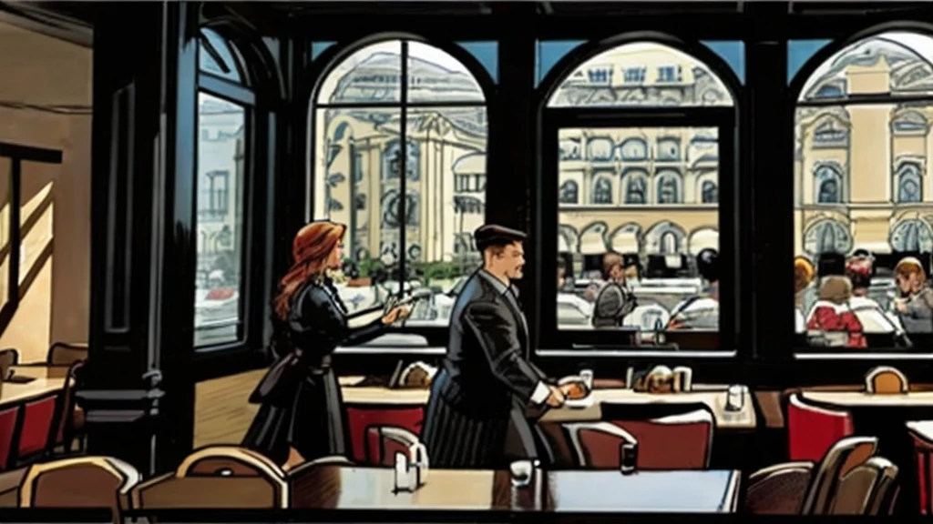 a restaurant, a restaurant в москве, public place, indoors, big windows, luxury, дорогой a restaurant, people have lunch, workers greet guests, Marvel Comics Style, comics