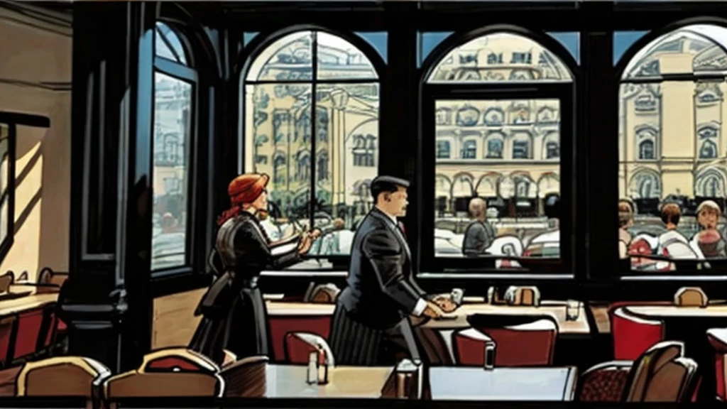 a restaurant, a restaurant в москве, public place, indoors, big windows, luxury, дорогой a restaurant, people have lunch, workers greet guests, Marvel Comics Style, comics