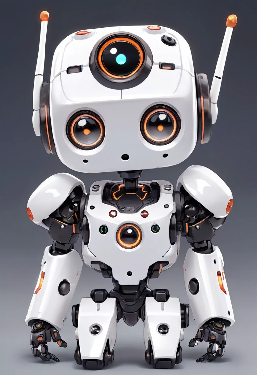 (((Dice-themed robot))), 3D Rendering, Jongsuk Lee, Digital Art, Adorable glowing creatures, Nendoroid-like style, Futuristic Gear Shiny White Armor、A cute robot、Big eyes、antenna、Electronic display panel on chest、Holding the microphone close to his mouth while speaking、((whole body、Background is white))、Are standing