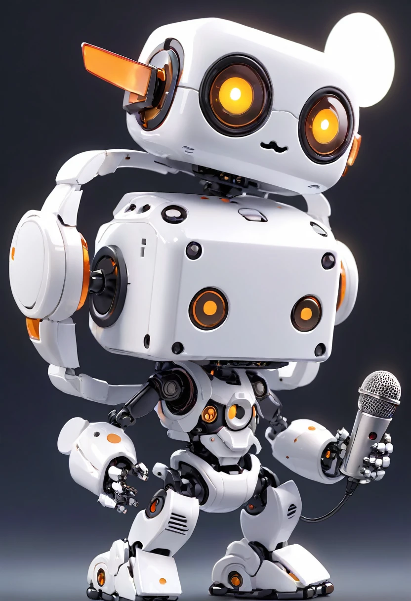 (((Dice-themed robot))), 3D Rendering, Jongsuk Lee, Digital Art, Adorable glowing creatures, Nendoroid-like style, Futuristic Gear Shiny White Armor、A cute robot、Big eyes、antenna、Electronic display panel on chest、Holding the microphone close to his mouth while speaking、((whole body、Background is white))、Are standing