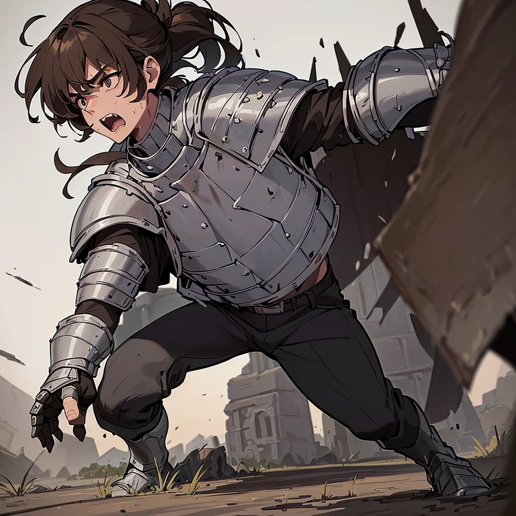 Best illustrations、Best Quality、(have a round shield)、(((Simple grey armor、Black trousers、Black gloveedium Hair、Brown Hair、20 year old man)))、(((Fighting Pose)))、(Old ruins、desert。Grass)、(Black, muddy swamp)、(Medieval Knight)、(Close your eyes、get annoyed、Open your mouth、Get angry、Sweat)、battlefield、(Dramatic Angle)、(White background)