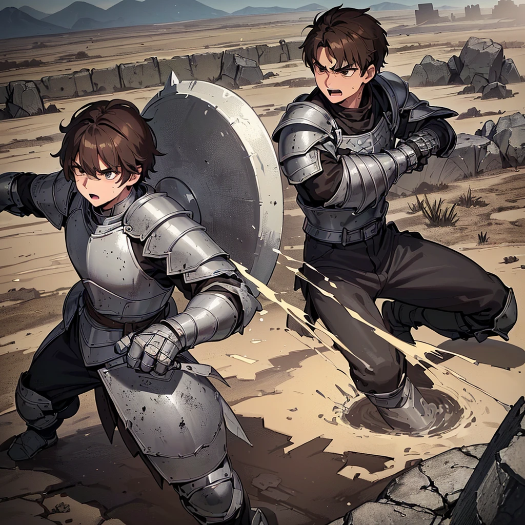 Best illustrations、Best Quality、(have a round shield)、(((Simple grey armor、Black trousers、Black gloveedium Hair、Brown Hair、20 year old man)))、(((Fighting Pose)))、(Old ruins、desert。Grass)、(Black, muddy swamp)、(Medieval Knight)、(Close your eyes、get annoyed、Open your mouth、Get angry、Sweat)、battlefield、(Dramatic Angle)、(White background)