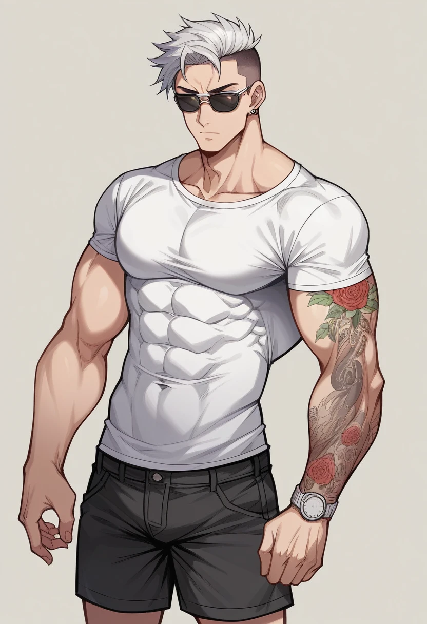 crie imagem de Korea men dongwook 19 anos, strong flashy muscular athletic body, Cao Cao, thin black undercut hair, subtle dimples, porcelain skin efeito gloss, Tattooed on his arms, wearing baggy black cargo shorts, Beige wide-cut t-shirt with design, sunglasses , silver watch,Pose dinâmica body pose model , signing autographs for fans and paparazzi , In the Diriyah market, there are several stalls selling cultural things in Saudi Arabia, it's daytime.