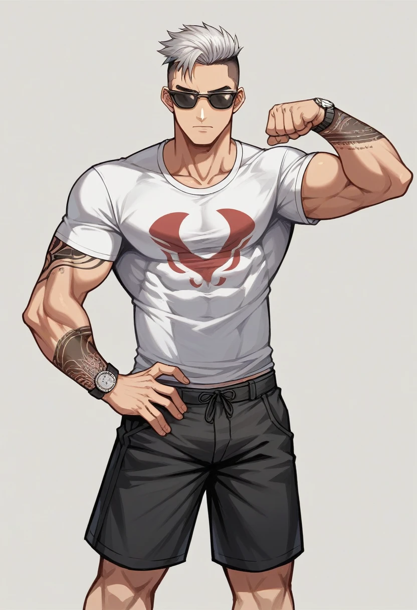 crie  imagem  de Korea  men dongwook   19 anos, strong flashy muscular athletic body, Cao Cao, thin black undercut hair, subtle dimples, porcelain skin efeito gloss, Tattooed on his arms, wearing baggy black cargo shorts, Beige wide-cut t-shirt with design, sunglasses , silver watch,Pose dinâmica  body pose model , signing autographs for fans and paparazzi , In the Diriyah market, there are several stalls selling cultural things in Saudi Arabia, it&#39;s daytime.