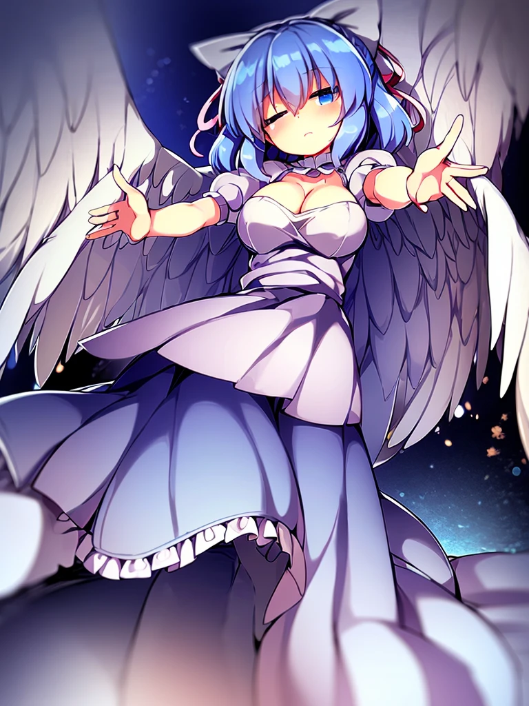 (best quality,4k,8k,highres,masterpiece:1.2), top-quality(masterpiece), top-quality, ultra-detailed, highly detailed texture, intricate details, high quality textures, A cute teenage angel with blue eyes, big pink ribbon in her hair, drawn in anime style, 1girl, (((1girl in))), , 10 years old, (((loli))), ((childish)), medium blue hair, hair flaps, pink ribbon on head, well-formed face, Beautiful face, blue eyes, pretty eyes, angel girl, white blouse, puffy short sleeves, red ribbon, angel wings, long white skirt, red shoes, frills, ribbon head, A pair of angel wings on the back, clean line drawings, cute, from behind, to lift up one’s skirt, cowboy shot, from front, standing , raise one leg, crossed arms, arms up behind, arms behind back, hand between legs, put hands hip, one hand on hip, forward hands, arms raised in the air, punch hands, peace sign, waving, put up index finger, sit, lie down, closed eyes, lie face down, looking back, put one hand chest, leaning forward, cleavage, close up, horizontally outstretched arms, horizontally outstretched legs, front view, front face, huge breasts for short stature, cleavage is clearly visible ,G-Cup