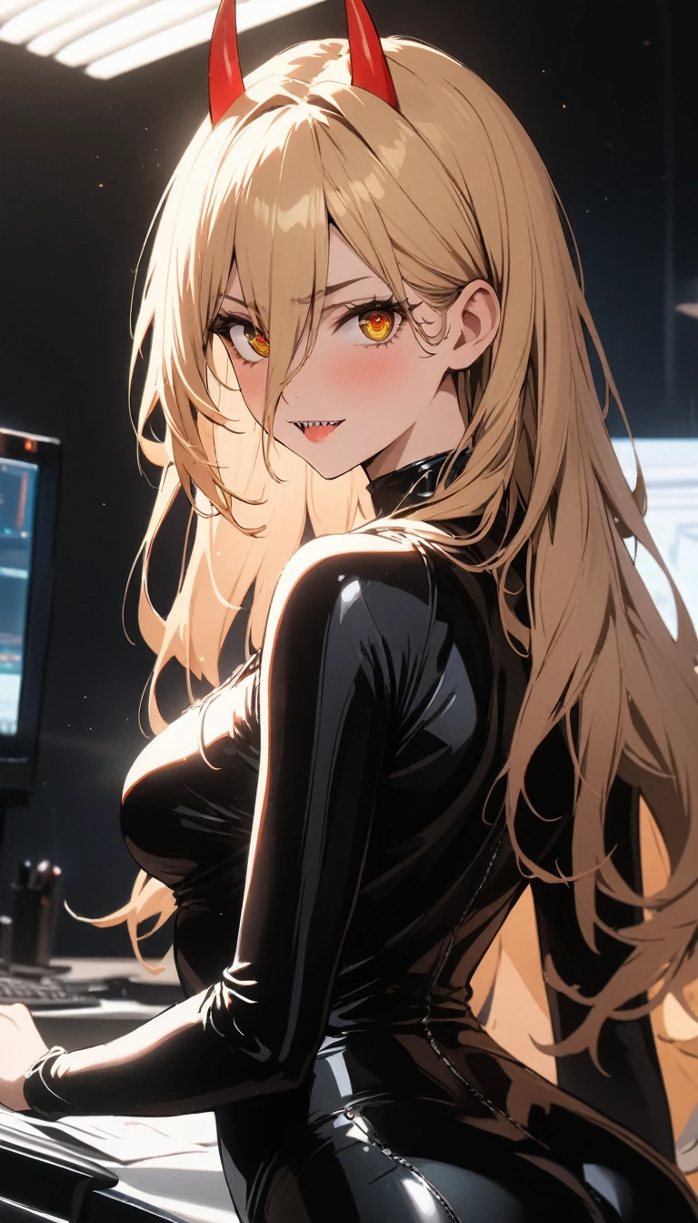 1girl, PowerV2, long hair, blonde hair, (red horns:1.1), (cross-shaped pupils:1.3), symbol-shapedpupils, yellow eyes, sharp teeth, BREAK wear tight black latex clothes BREAK black tight latex pants, view from behind, BREAK indoors, office, BREAK (masterpiece:1.2), best quality, high resolution, unity 8k wallpaper, (illustration:0.8), (beautiful detailed eyes:1.6), extremely detailed face, perfect lighting, extremely detailed CG, (perfect hands, perfect anatomy), seductive, shame, sexy