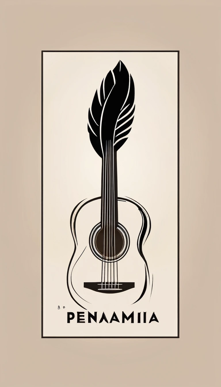 A minimal, high quality, modern, simple, cinematic symbol design for the brand “Penamemoria". The logotype must be a simple, magical feather and a boy playing acoustic guitar. The logo must convey a sense of music, stories and dreams. Logo design impressed on a book cover. Minimalistic logo