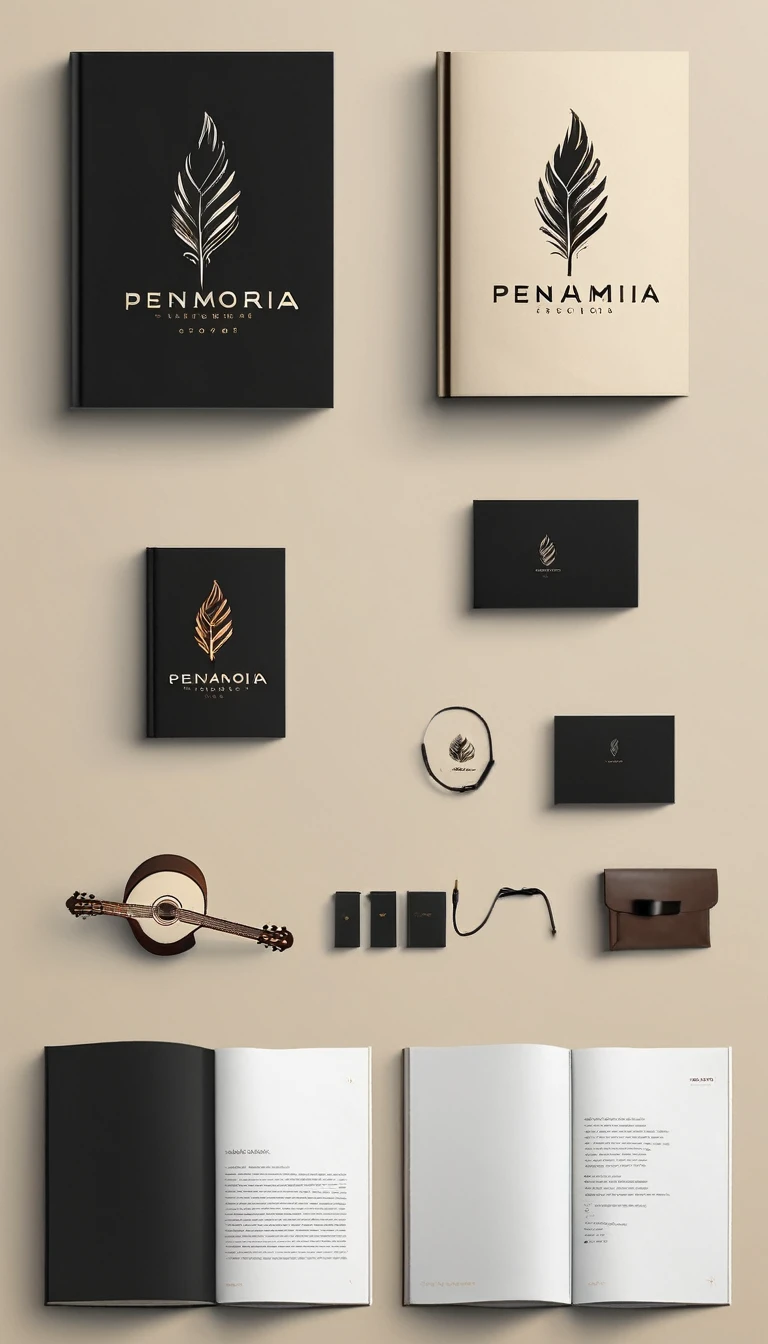 A minimal, high quality, modern, simple, cinematic symbol design for the brand “Penamemoria". The logotype must be a simple, magical feather and a boy playing acoustic guitar. The logo must convey a sense of music, stories and dreams. Logo design impressed on a book cover. Minimalistic logo