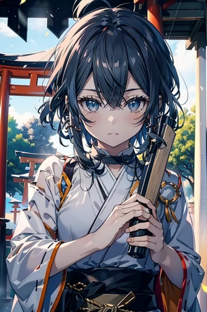 It&#39;s morning, shino asada,Short Hair,blue eyes, Blue Hair, hair ornaments, Hair between the eyes, Hair Clip,Side Lock, Glasses, (Small breasts:1.2),Cat ear,Cat&#39;s Tail Platycodon,Miko, White Kimono, kimono, As with the skirt, Wide sleeves, Long sleeve, Red Hakama,Long skirt,White tabi,Sandals,smile,blush,Ribbon-trimmed sleeves, whole bodyがイラストに入るように,
break looking at viewer,whole body,
break outdoors, shrine,torii,
break (masterpiece:1.2), Highest quality, High resolution, unity 8k wallpaper, (figure:0.8), (Beautiful attention to detail:1.6), Highly detailed face, Perfect lighting, Highly detailed CG, (Perfect hands, Perfect Anatomy),