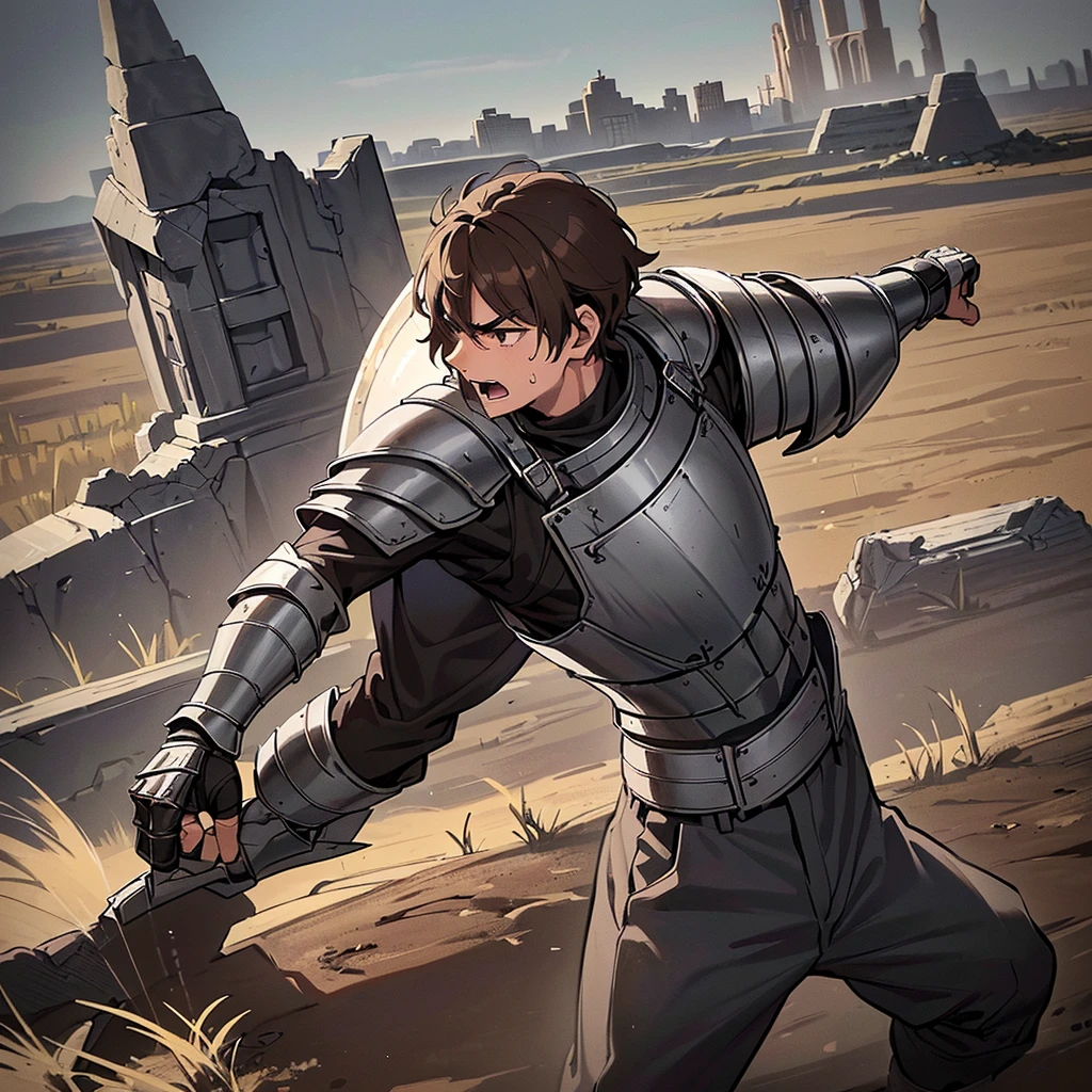 Best illustrations、Best Quality、(have a round shield)、(((Simple grey armor、Black trousers、Black gloveedium Hair、Brown Hair、20 year old man)))、(((Fighting Pose)))、(Old ruins、desert。Grass)、(Black, muddy swamp)、(Medieval Knight)、(Close your eyes、get annoyed、Open your mouth、Get angry、Sweat)、battlefield、(Dramatic Angle)、(White background)