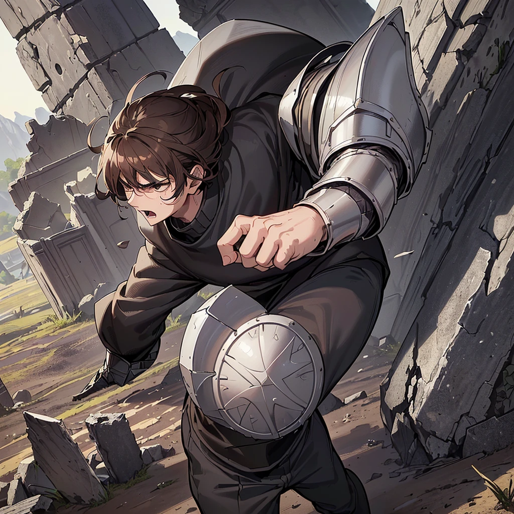 Best illustrations、Best Quality、(have a round shield)、(((Simple grey armor、Black trousers、Black gloveedium Hair、Brown Hair、20 year old man)))、(((Fighting Pose)))、(Old ruins、desert。Grass)、(Black, muddy swamp)、(Medieval Knight)、(Close your eyes、get annoyed、Open your mouth、Get angry、Sweat)、battlefield、(Dramatic Angle)、(White background)