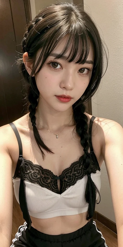 Face focus, portrait, glowing black eyes, feminine style, one girl, asymmetrical bangs, bangs, black hair, braid, bra, camera gaze, smile, night, city, bob hair, abdomen, red lips, shirt, solo, standing, braid, upper body, underwear, pink underwear, perfect body line, beautiful kubire, beautiful, naughty face, (selfie:1.4).