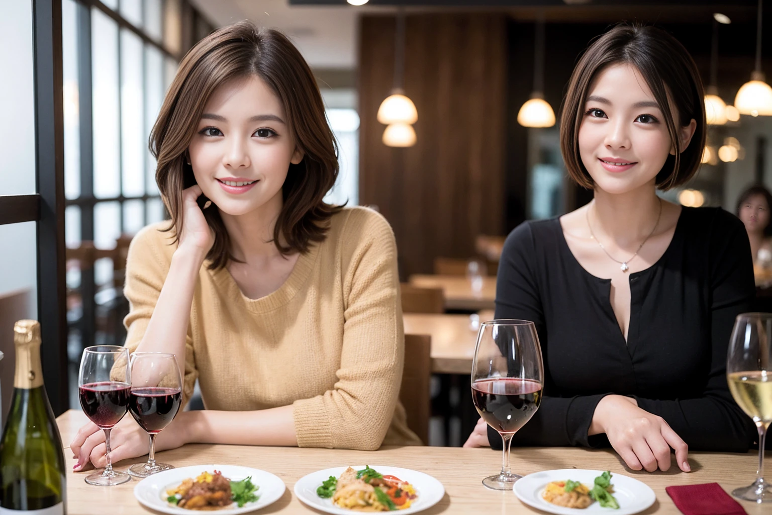 ((Highest quality、8k、masterpiece:1.3))、Shortcuts、cute、slimカップル、modelカップル、actress男優、(Realistic, Intricate details:1.2), full-course dinner、Wine Party、Amazing view of the sunset sky and clouds、A bright smile、short hair,Bright Face、 (45 years old), 42 years old, red wine 、Appetizers、Italian food、Wine bottle、Champagne、sparkling wine、Two beauties、Brown Hair、Shortcuts、Long sleeve shirt、dress、Beautiful woman 1, (slimな顔), (The body is slim), (Brown Hair), (Shortcuts), cheeks turn a little red,Attractive beauty、restaurant, In a prominent place (From the waist up) Nova Frog Style, actress, model, Upper Body, White wine, slim, wine glass, 中央に置かれたwine glass, smile, (smile: 1.15), Beautiful fine grain, Depth f/2,saturation, High Contrast, Strong light and shadow,Moist Body:1.5、3D texture、Delicate eyes、Brown Hair、The hair is very shiny、