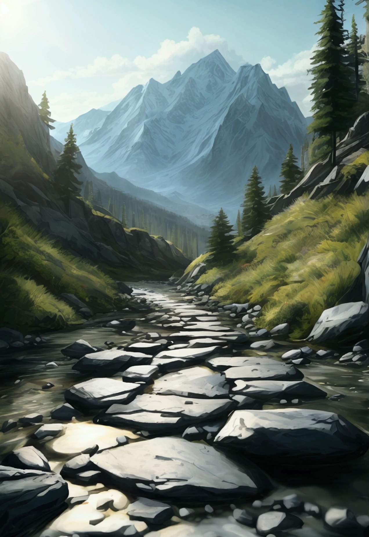 hiking track- mountains- nature- river- ultrarealistic 8D
