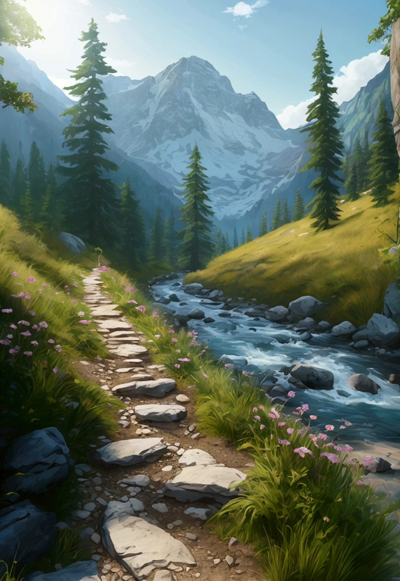 hiking track- mountains- nature- river- ultrarealistic 8D