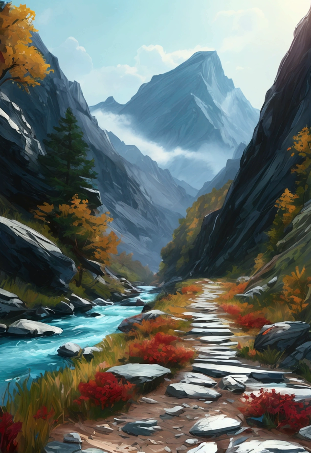 hiking track- mountains- nature- river- ultrarealistic 8D