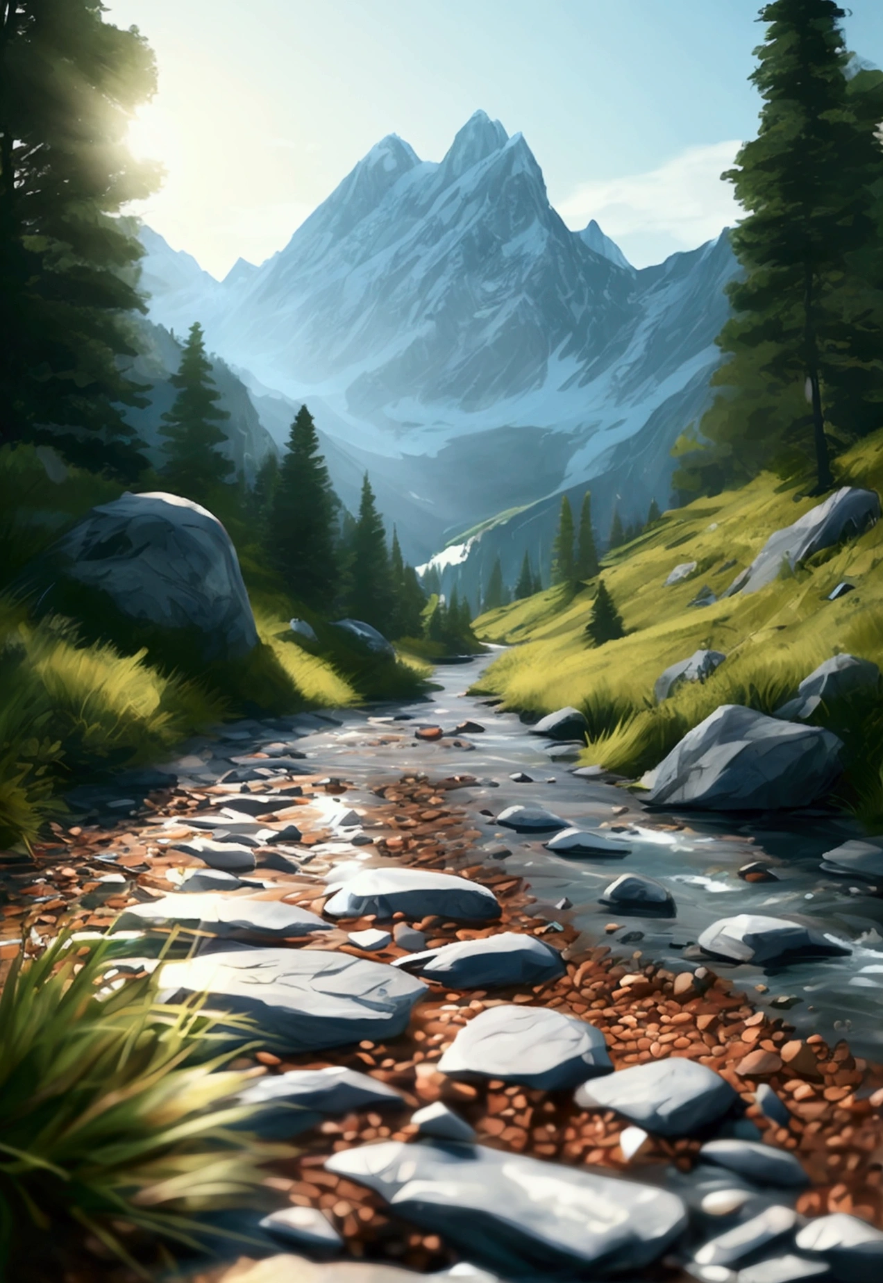 hiking track- mountains- nature- river- ultrarealistic 8D