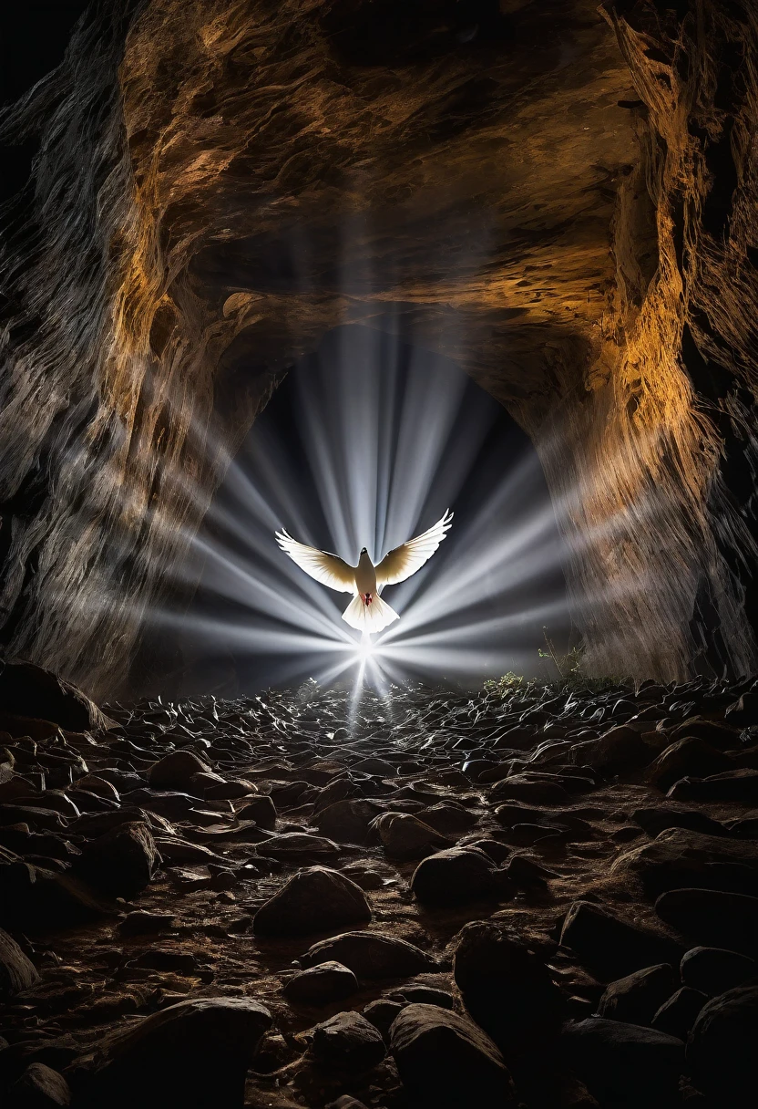 "An ethereal scene featuring a dark cavern illuminated by a single beam of light shining from above. In the center of the light beam, a white dove are gracefully flying upwards, symbolizing freedom and peace. At the base of the light, broken chains and shackles lie on the ground, suggesting liberation from captivity. The surrounding cave walls are rugged and dark, contrasting with the serene and hopeful ambiance created by the light and doves."