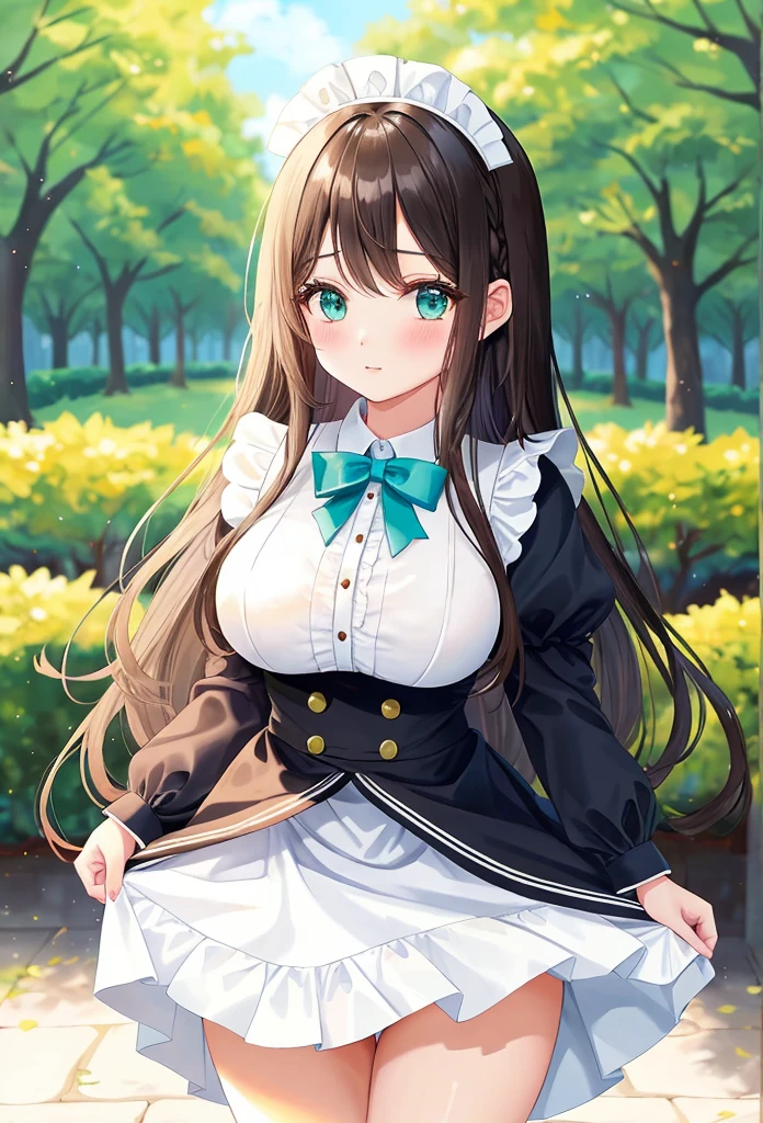 Anime girl dressed as a maid posing outdoors in the park, (masterpiece:1.2), (highest quality:1.2), Portrait, Curvy but slender body, perfect eyes, perfect face, perfect lighting, 1 girl, long hair, wavy hair, fine clothes, detailed outdoor background, compensate, eye shadow, thick eyelashes, fantasy, (maid), whole body, alice in wonderland, Bright and beautiful face, young shiny glossy white shiny skin, the best beauty, the most beautiful bright dark brown hair in the world, thin hair, super long wavy hair, Shining beautiful bangs, Shining crystal clear big aqua eyes, Very beautiful lovely 20 year old most beautiful girl in the world, big rounds breasts, ((She shyly lifts her skirt to show her panties))