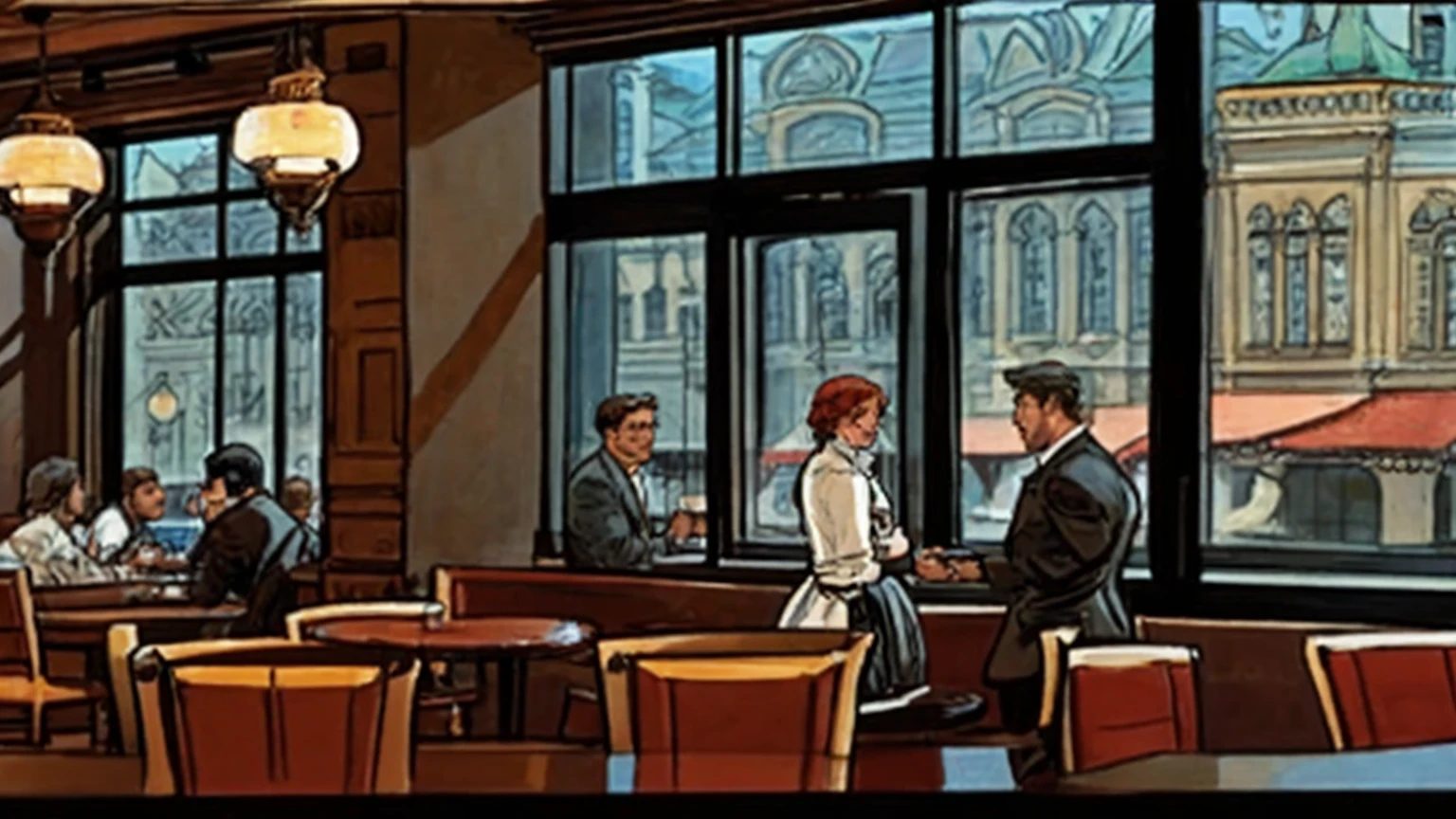 a restaurant, a restaurant в москве, public place, indoors, big windows, luxury, дорогой a restaurant, people have lunch, workers greet guests, Marvel Comics Style, comics