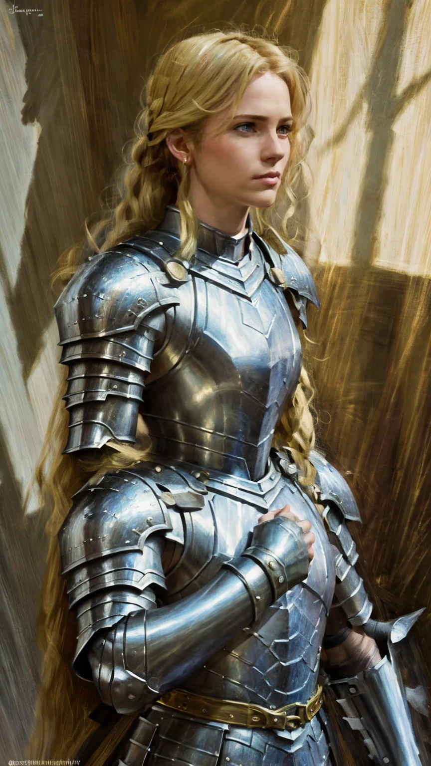 A beautiful blonde woman in shining knight armor, extremely detailed face, piercing eyes, full lips, long eyelashes, intricate armor details, medieval fantasy, cinematic lighting, dramatic shadows, digital painting, 8k, photorealistic, masterpiece, dynamic, floral surroundings, calm expression, painting, detailed eyes, flowers, serene