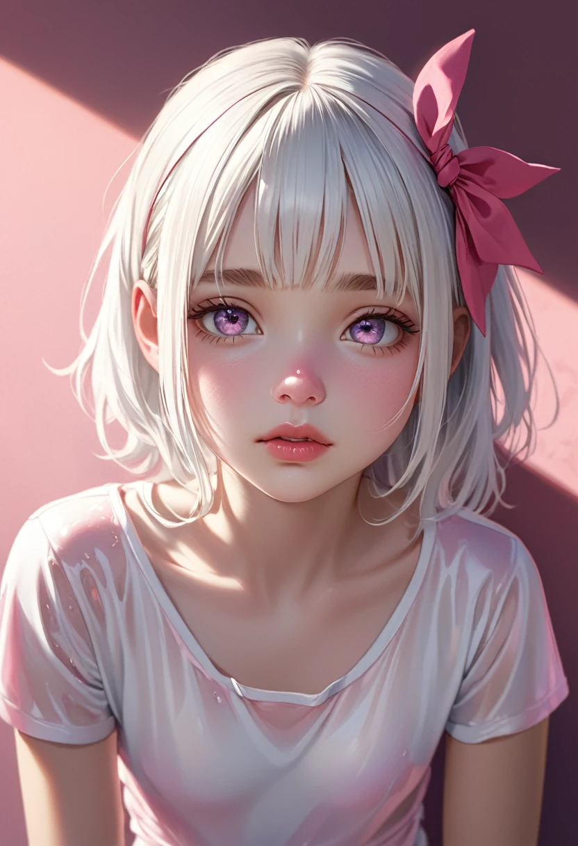 anime girl in pink wet clothes, Realistic Shadows, Detailed skin, Very small breasts, white hair, Hair Ribbon, highly detailed face, Perfect face shape, Perfect lips, Perfect nose, Correct beautiful eyes, Watching Viewer, extremely aroused , Best Quality, Single Girl, No bra, No panties, Solo