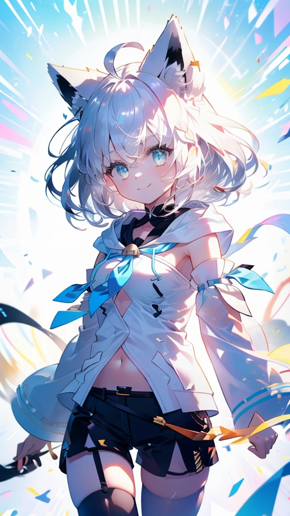(Ultra-high resolution,masterpiece, Attention to detail, Highest quality), 8k,(aafbk, long hair, ahoge, animal ears, breasts, fox tail, blue neckerchief, white hoodie, detached sleeves, white sleeves, navel, short shorts, black shorts, thigh strap, single thighhigh, black thighhighs),(Blessed,Captivating body、Ultra-detailed skin、Super beautiful eyes、Detailed Background),One girl、 (cheerful ,enjoy :1.5),