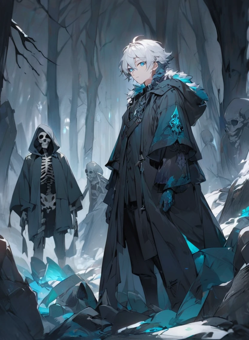 young man ,Male Dark, dark Woods, cold colors, man white hair with blue eye, Warlock dnd , Skeleton army in background