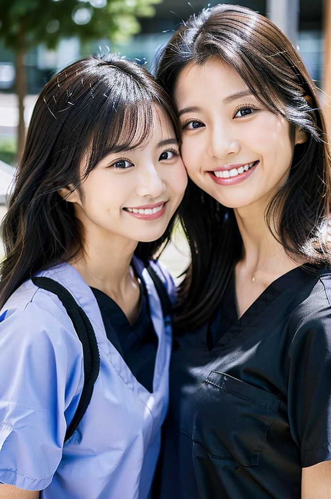 All dental hygienists wear black medical scrubs Short sleeves, Japanese, black hair, two women in their early 20s Upper body close-up smile Shooting outside Harmony々 Black