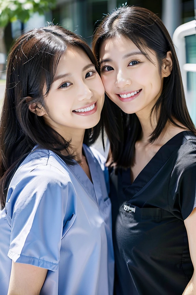 All dental hygienists wear black medical scrubs　Short sleeves, Japanese, black hair, two women in their early 20s　Upper body close-up　smile　Shooting outside　Harmony々　Black