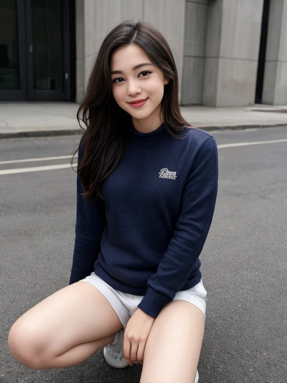 1girl,solo,long hair,looking at viewer,smile,bangs,skirt,brown hair,long sleeves,navel,brown eyes,standing,parted lips,shorts,midriff,nail polish,grin,blurry,sweater,crop top,fingernails,sleeves past wrists,makeup,turtleneck,plant,lipstick,white shorts,realistic,black sweater,cropped sweater 