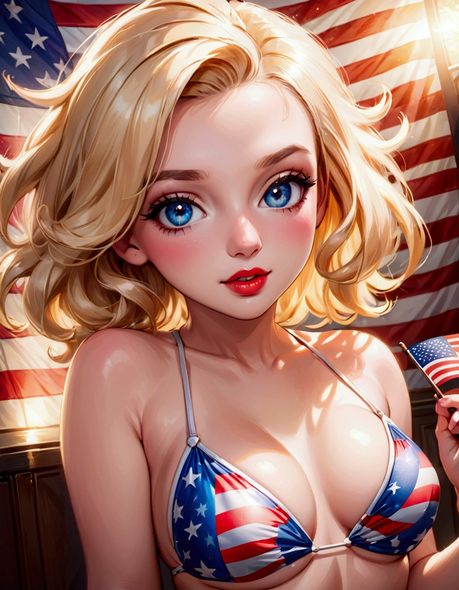 a young Marilyn Monroe,1950s style swimsuit with american flag motif,waving a small american flag,american flag in background,sultry joyous pose,beautiful detailed eyes,beautiful detailed lips,extremely detailed face and skin,long eyelashes,photorealistic,8k,high quality,realistic,vivid colors,studio lighting,professional portrait,glamorous,warm lighting
