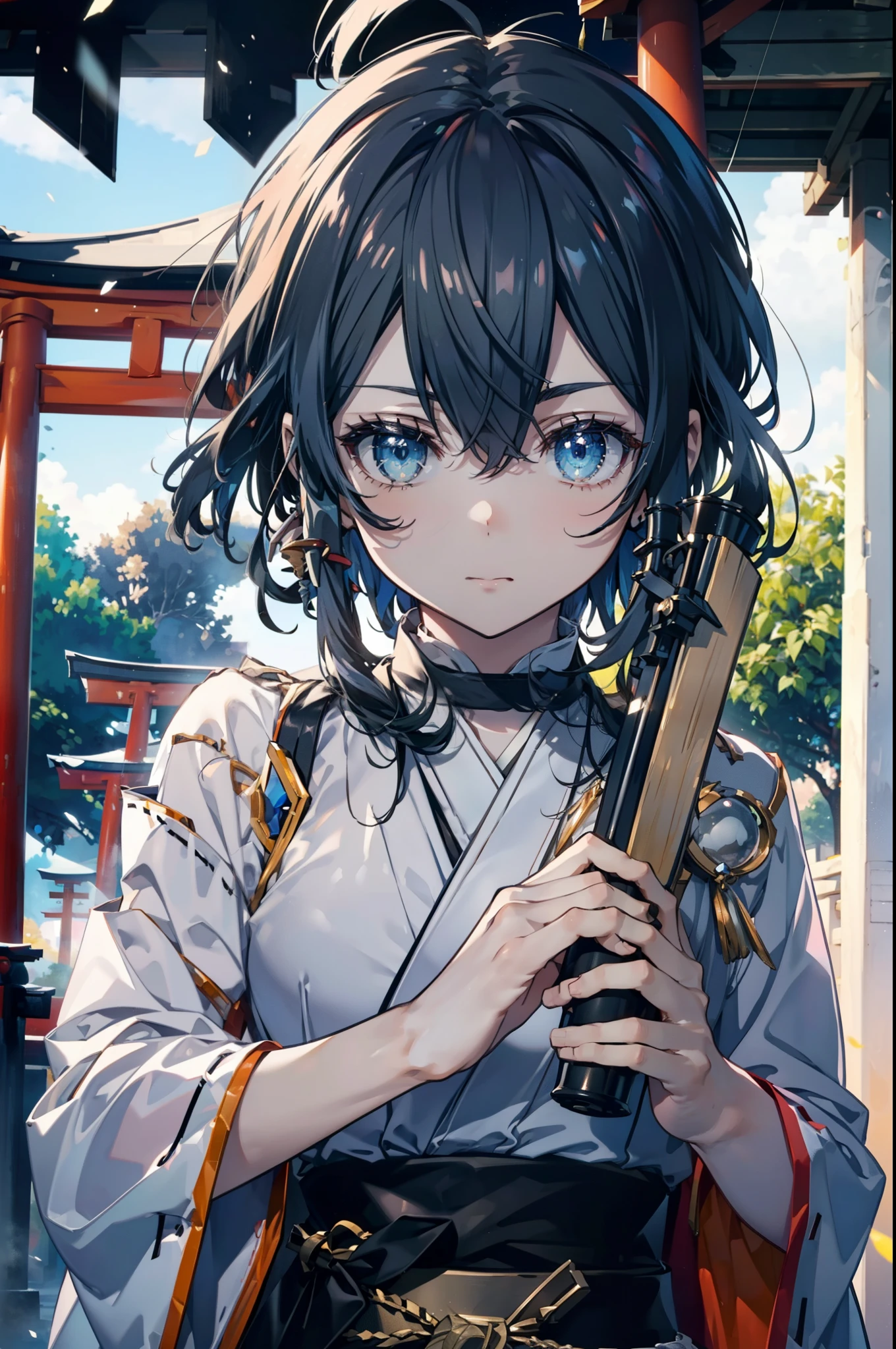 It&#39;s morning, shino asada,Short Hair,blue eyes, Blue Hair, hair ornaments, Hair between the eyes, Hair Clip,Side Lock, Glasses, (Small breasts:1.2),Cat ear,Cat&#39;s Tail Platycodon,Miko, White Kimono, kimono, As with the skirt, Wide sleeves, Long sleeve, Red Hakama,Long skirt,White tabi,Sandals,smile,blush,Ribbon-trimmed sleeves, whole bodyがイラストに入るように,
break looking at viewer,whole body,
break outdoors, shrine,torii,
break (masterpiece:1.2), Highest quality, High resolution, unity 8k wallpaper, (figure:0.8), (Beautiful attention to detail:1.6), Highly detailed face, Perfect lighting, Highly detailed CG, (Perfect hands, Perfect Anatomy),