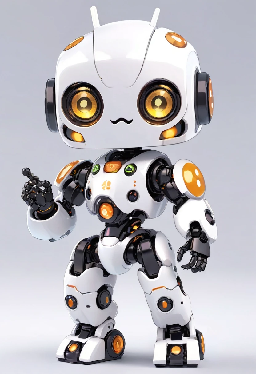 ((Dice-themed robot)), 3D Rendering, Jongsuk Lee, Digital Art, Adorable glowing creatures, Nendoroid-like style, Futuristic Gear Shiny White Armor、A cute robot、Big eyes、antenna、Electronic display panel on chest、Holding the microphone close to his mouth while speaking、((whole body、Background is white))、Are standing
