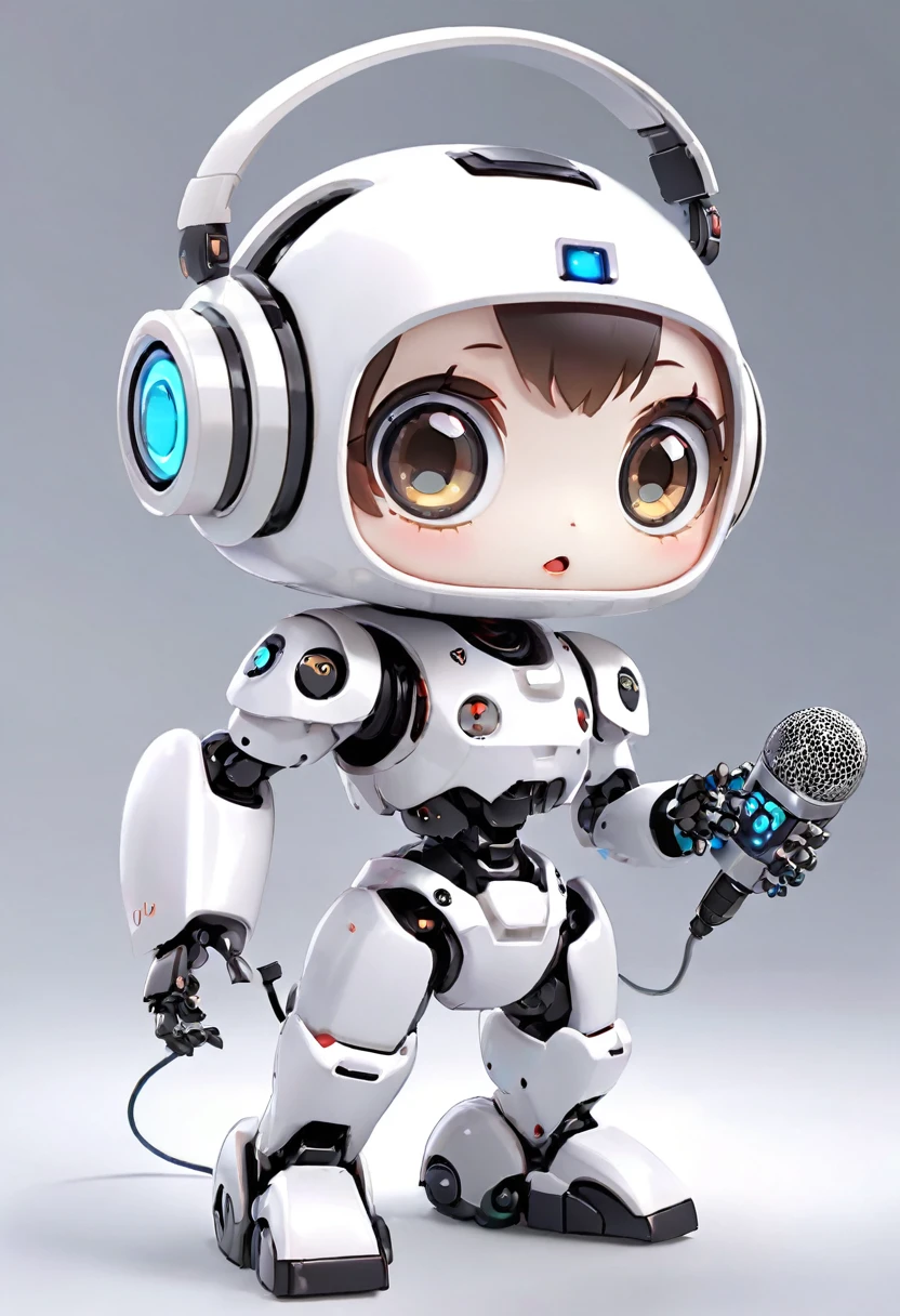 ((Dice-themed robot)), 3D Rendering, Jongsuk Lee, Digital Art, Adorable glowing creatures, Nendoroid-like style, Futuristic Gear Shiny White Armor、A cute robot、Big eyes、antenna、Electronic display panel on chest、Holding the microphone close to his mouth while speaking、((whole body、Background is white))、Are standing